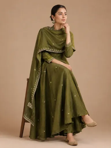 Olive Green Embroidered Anarkali Set
